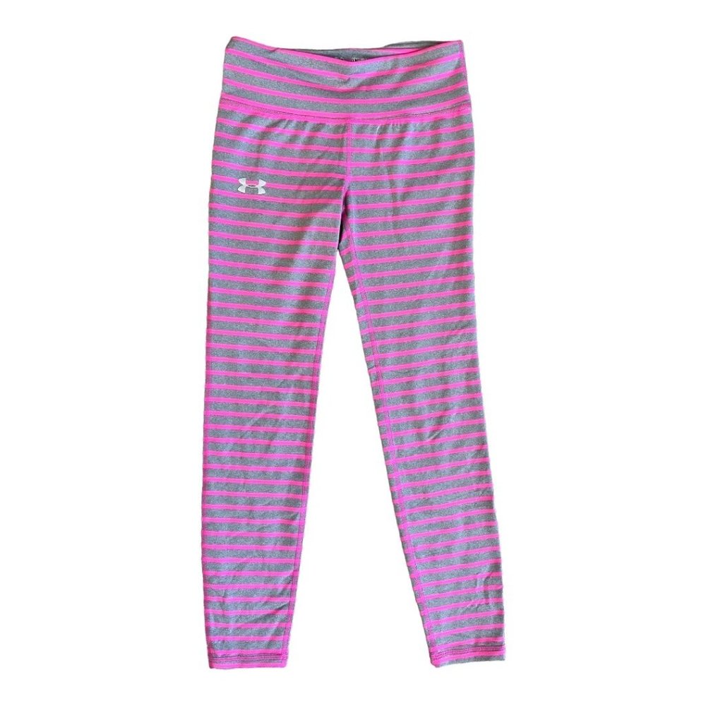 Under Armour Neon Pink and Gray Striped Fitted Leggings, Girls YMD//Like New